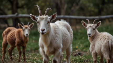 Two young goats and one buck pose to camera,generative.ai
