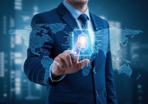 Businessman touching digital dollar sign on world map representing global finance technology - Powered by Adobe