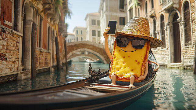 A happy, anthropomorphic pizza slice wearing a straw hat and sunglasses takes a selfie while on a gondola ride in a scenic Venetian canal.