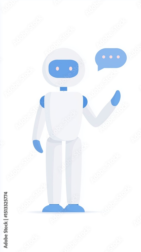 Poster friendly robot character in a flat illustration style, gesturing with one hand while displaying a sp