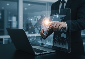 Businessman analyzing global data and financial growth on a digital interface