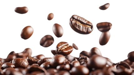 Fresh coffee beans scattered on a white background, highlighting their rich texture and dark color.
