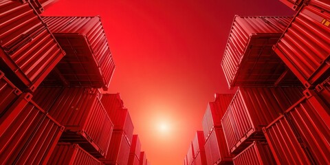 economy consumption technology concept. Vibrant red shipping containers stacked against a glowing sun.