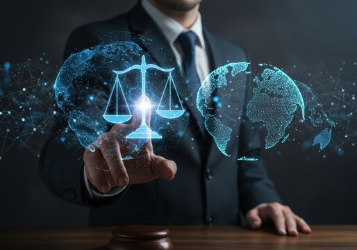 Man touching digital scales of justice and world globe representing global law