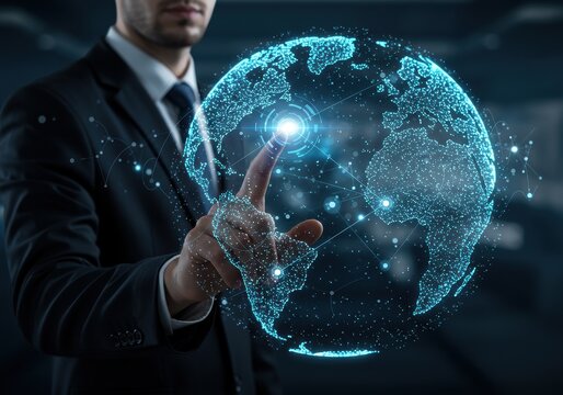 Businessman touching digital globe representing global business and technology - Powered by Adobe