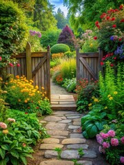 Obraz premium A serene stone pathway leads through lush greenery to a wooden gate surrounded by vibrant flowers and foliage