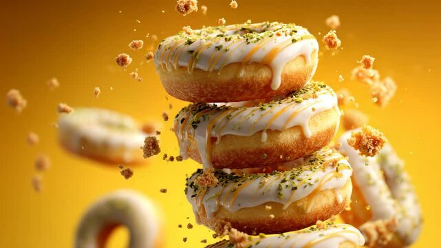 Glossy caramel donut stack in mid-air with crumbs on yellow background under warm lighting, perfect for bakery visuals Video 4K UHD 60 FPS