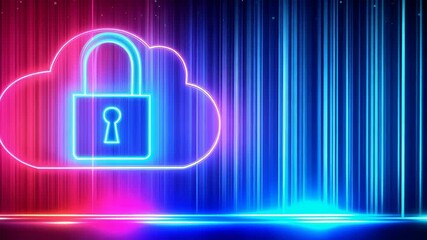 Glowing cloud with a lock symbolizing data security against colorful stream of vertical light lines for digital system privacy protection - Powered by Adobe