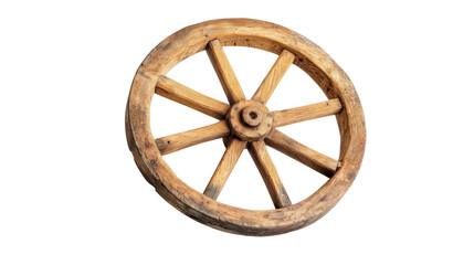 Fototapeta premium Old wooden wagon wheel on a white isolated background.