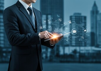 Businessman using digital tablet with business and technology network connection concept