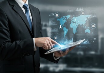 Businessman using tablet with global network and data analysis interface overlay