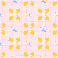 Kawaii citrus fruit and floral seamless pattern vector illustration. Fresh and organic background for fun summer decor