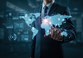 Businessman touching digital world map with global network and data analytics