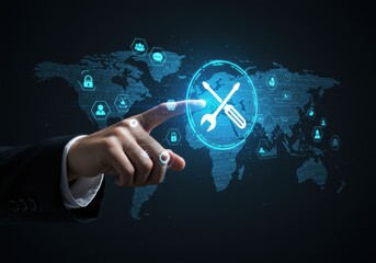 Hand touching digital world map with service tools and technology icons on dark background