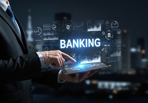 Businessman using digital tablet with banking interface and financial data analysis