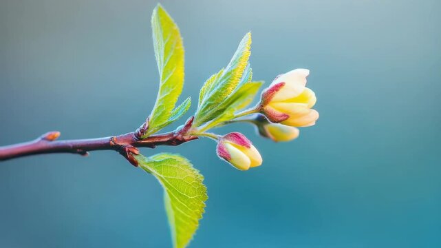 A close-up shot of a budding branch of a cherry blossom tree