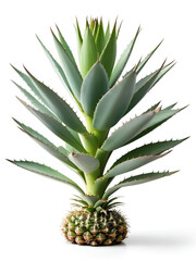 Fototapeta premium Lush green agave plant with sharp, spiky leaves isolated on white background.