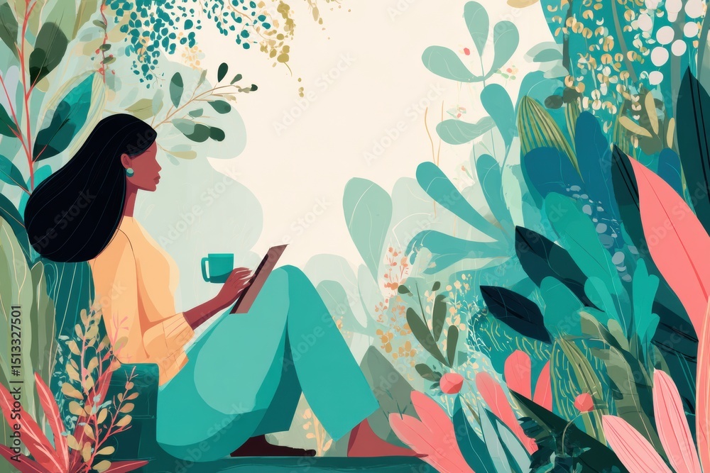 Poster remote worker enjoying productivity in lush garden atmosphere while using tablet and sipping coffee 