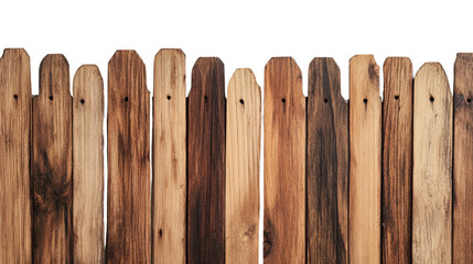 Wooden fence with a rustic appearance, isolated on a white background.
