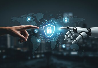 Human and robot hands touching over a digital world map with security icons