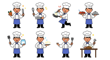 Cartoon Chefs in Various Cooking Poses with Utensils and Food Items