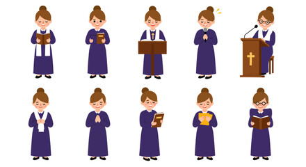Cartoon women in purple robes in various poses