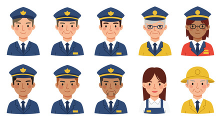 Diverse Cartoon People Police Officers Firefighter and Worker Avatars
