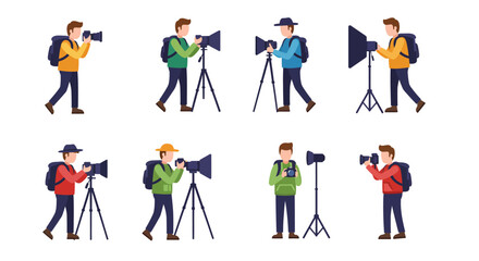 Fototapeta premium Eight Cartoon Photographers with Cameras Tripods and Backpacks in Various Poses
