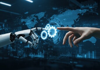 Fototapeta premium Human and robot hands touching gears, symbolizing artificial intelligence and technology