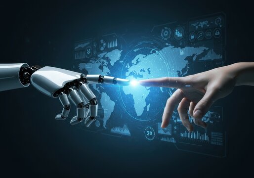 Robot and human hand touching with digital world map and data interface overlay