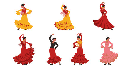 Seven Flamenco Dancers in Various Poses and Colorful Dresses