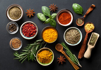Colorful Organic Spices and Herbs Flatlay