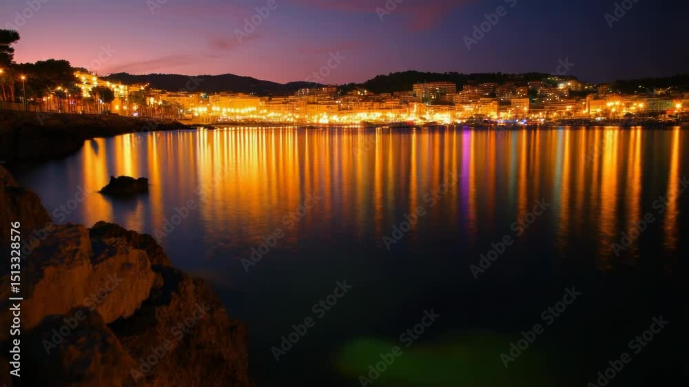 Poster urban landscape with a body of water and a city skyline in the background, perfect for use in travel