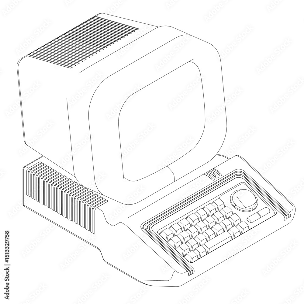 Poster a retro computer with a keyboard and a monitor. the computer is old and has a black and white screen