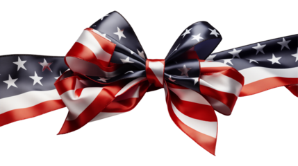 Patriotic American flag ribbon bow, festive holiday decoration, stars stripes design element, USA celebration, isolated on transparent background.