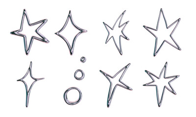 Glossy Chrome Star Outline and Ring. A stylized collection of eight chrome outline elements including warped stars diamond bursts rings and radiant sparks Perfect for fantasy branding y2k graphics