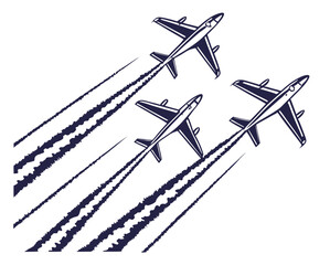 three jets flying in tight formation with vapor trails, vector line art on white background
