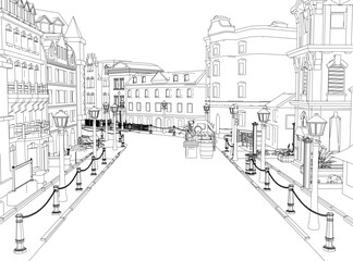 Obraz premium A street scene with a white background and a black and white drawing of a city street. The street is empty and has a sense of calmness