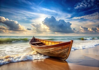 A vast ocean wave gently touching a weathered wooden boat on the shore