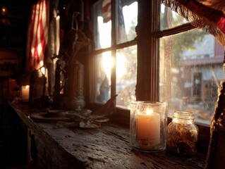 Candlelight from within a rustic home glows through a windowpane, casting a quiet halo as the American flag sways gently outside—symbol of peace, grace, and quiet pride
