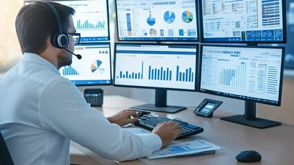 Stock market broker analyzing graphs on multiple computer screens - Powered by Adobe