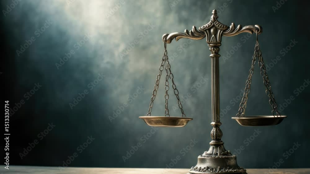 Poster a balance scale on a rustic wooden table with intricate carvings