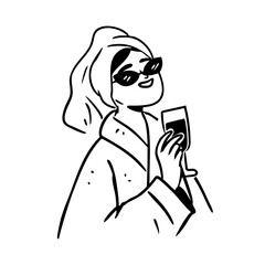 Bachelorette with a drink clipart, girls night party hand drawn outline illustration, woman in spa doodle