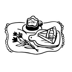 Doodle picnic composition with coffee, bakery, flowers. Morning breakfast concept.