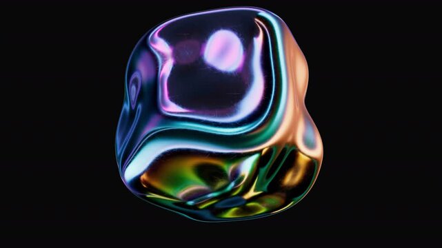 Abstract morphing liquid holographic iridescent metal shape. Vibrant 3D smooth distorting object, motion futuristic looped animation design on alpha