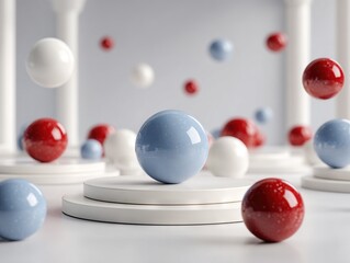 Scattered glossy spheres in American flag colors placed on a clean light platform, creating a high-end visual for modern product display and symbolism