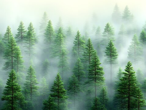 Misty pine forest view