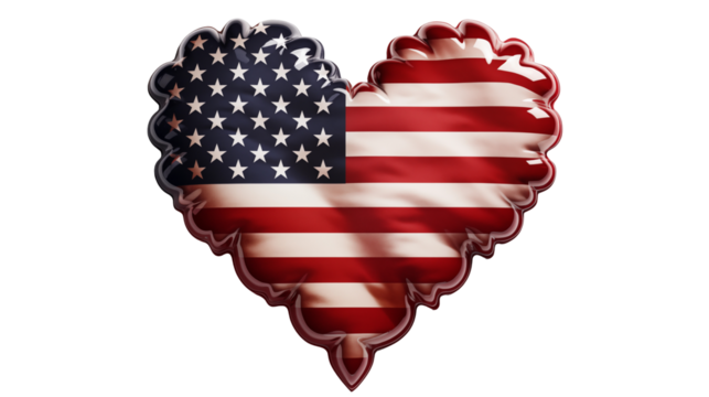 Festive heart-shaped American flag, stars stripes design, patriotic freedom symbol, independence day celebration, isolated on transparent background.
