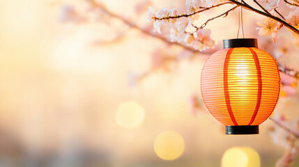 Beautiful lantern hanging from branch adorned with cherry blossoms, creating serene atmosphere with soft bokeh lights in background