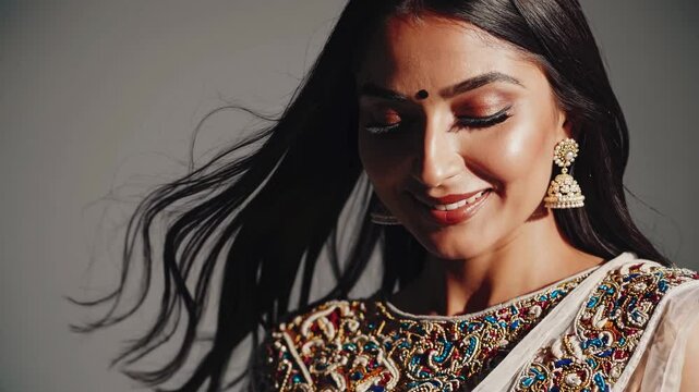 Smiling woman in ornate outfit with earrings and bindi